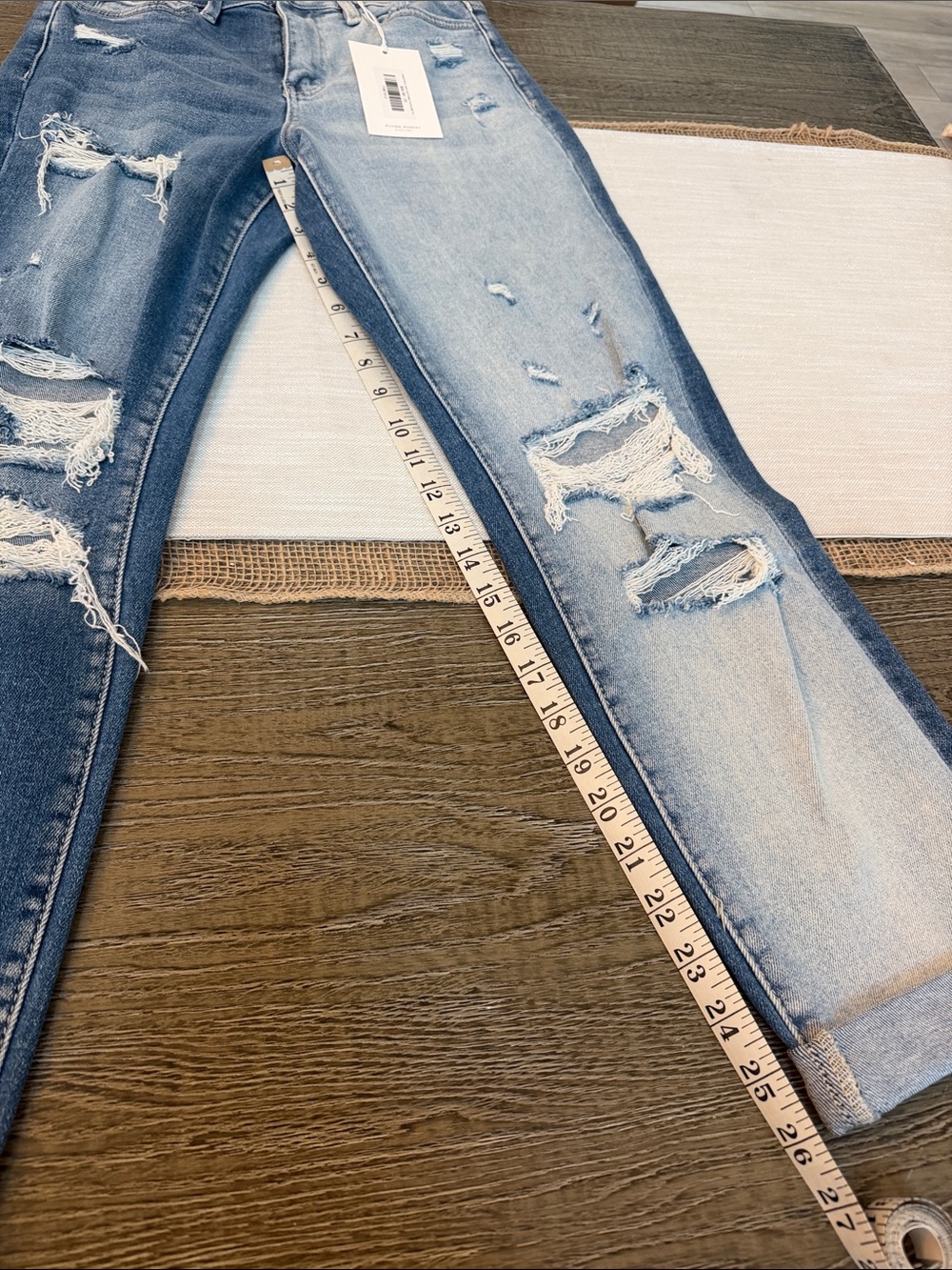 Flying Monkey Two-Tone Light Blue High Rise Distressed Jeans - Picture 4 of 11